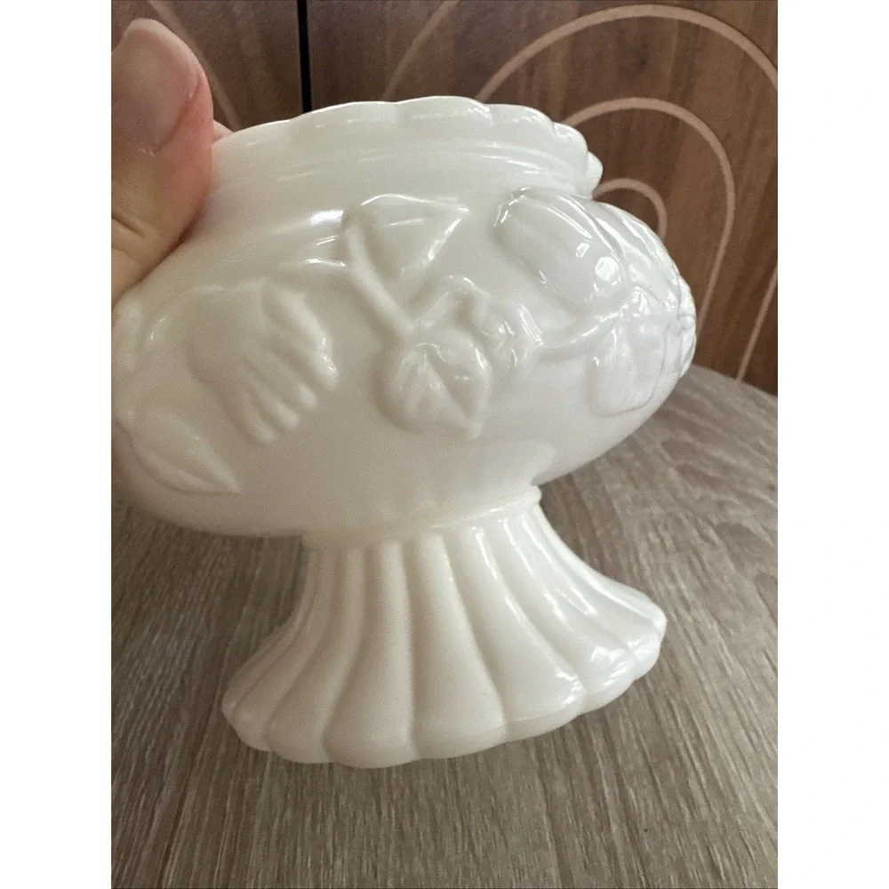 Vintage Milk Glass Ivy Rose Floral Pedestal Bowl Planter Vase 4.5